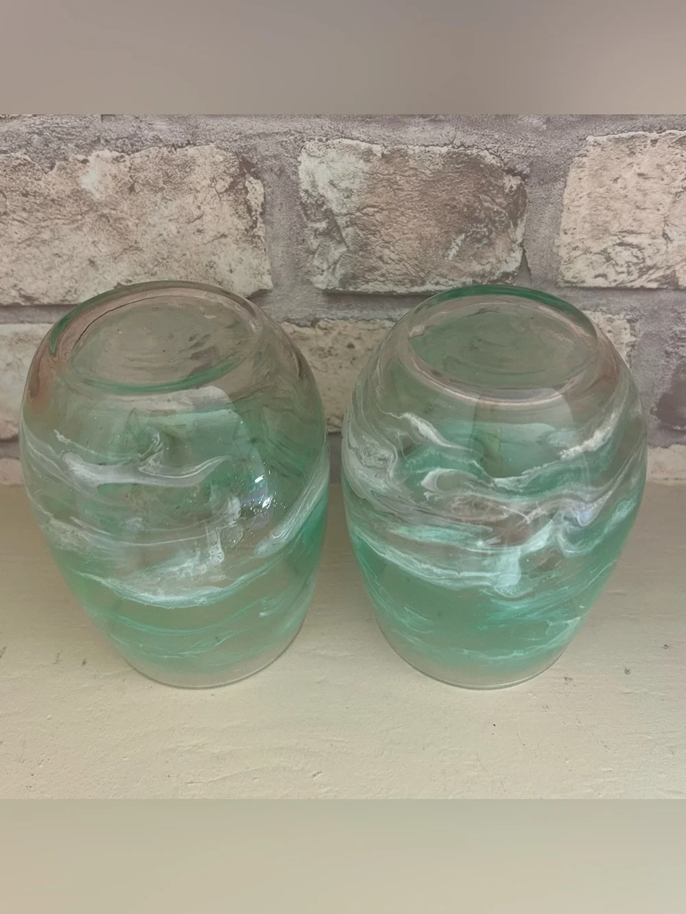 Set of 2 Green Marble Swirl Stemless Wine Glasses Tumblers Handmade Art Glass